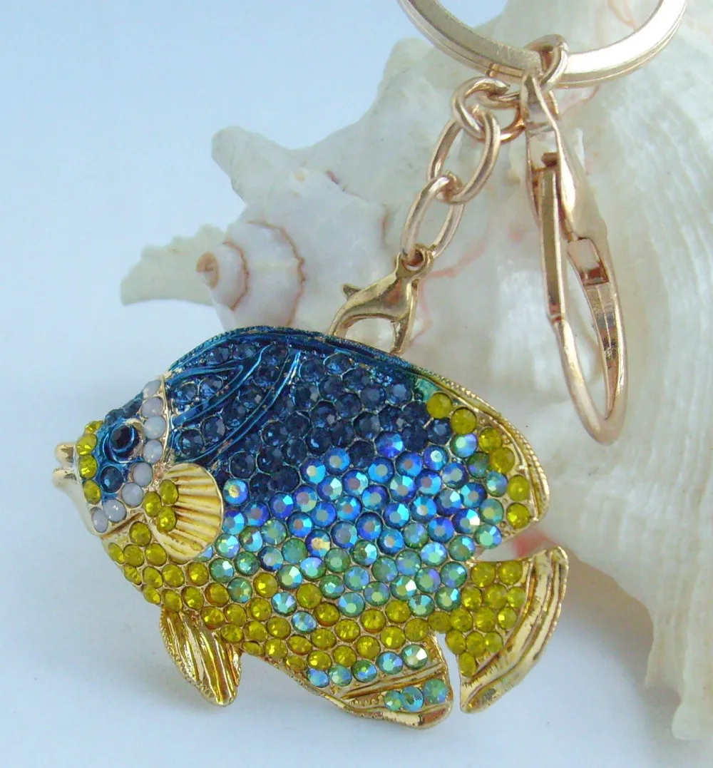 Pretty Goldfish Keychain Pendant Blue Yellow Rhinestone Crystal KBR11806C2in Key Chains from