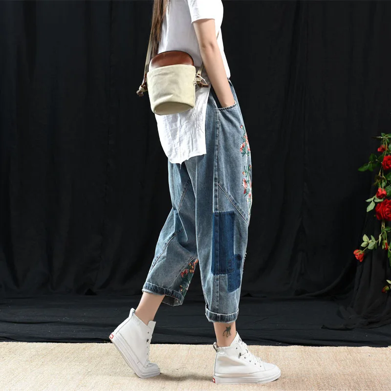 Женские Мешковатые джинсовые брюки с низкой промежностью, большие размеры, эластичная резинка на талии, цветочные вышитые джинсы, хип-хоп брюки-шаровары больших размеров