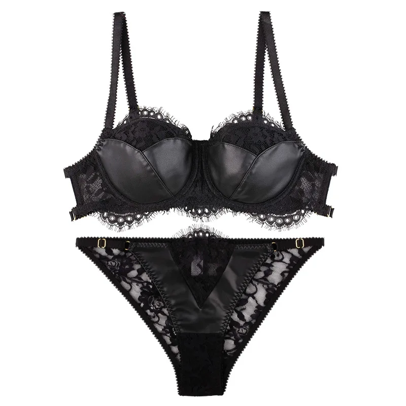 

Lingerie Female Set Ladies Sexy Eyelash Lace Leather Splice Bralette Bra and Panty Set Luxurious Push Up Underwear Set