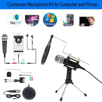 

3.5mm Condenser Microphone Kit With Filter Suitable For Computer and Phone With Folding Tripod Stand