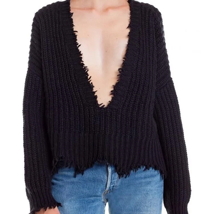 

Autumn Spring Sweater Plus Size Sexy Deep V Neck Loose Sweater Pullover Casual Knitting Crochet Tassel Cropped Jumper 2018