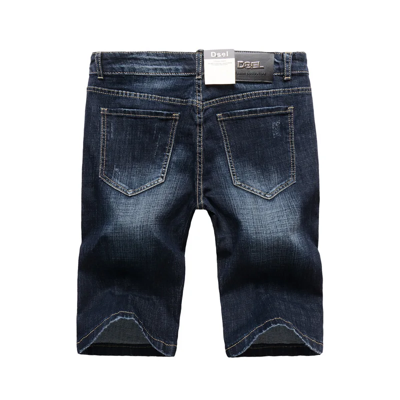 Летние модные мужские шорты высокого качества темно-синего цвета облегающие эластичные рваные Короткие Джинсы Стрейчевые джинсовые шорты для мужчин