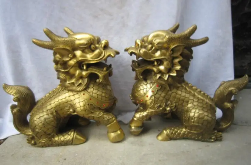 

14" Chinese Copper Feng shui Animal Unicorn Statue Decorations