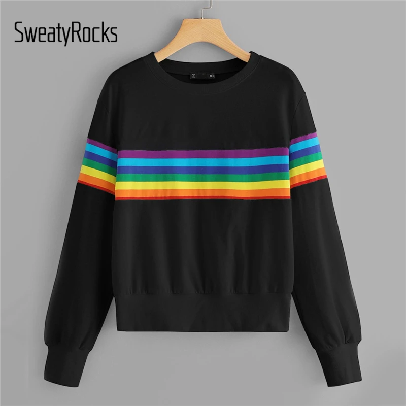 SweatyRocks الأسود النشطة قوس قزح شريط البلوز طويلة الأكمام البلوفرات البلوز النساء 2018 الخريف الأساسية الترفيه صداري