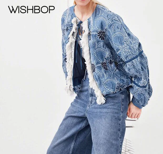 

2018 New Women Blue Embroidered Jacket With Fringing - Ladies Round Neck Embroidered Jacket Features Front Neck Tied Fastened