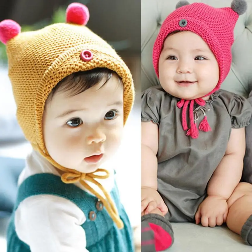 2017 Baby Hats With Ears Cute Baby Toddler Kid Boys Girls Button Fur