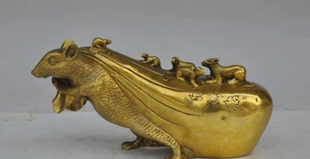 

8"china fengshui brass zodiac animal mouse mice Rat wealth gold bag rich statue