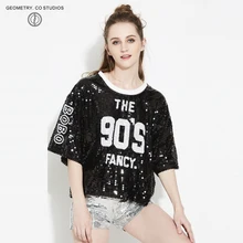 Весенний укороченный топ с буквенным принтом и пайетками, короткий рукав, клубный, круглый вырез, вычурный женский топ, Женский костюм для дискотеки, певицы