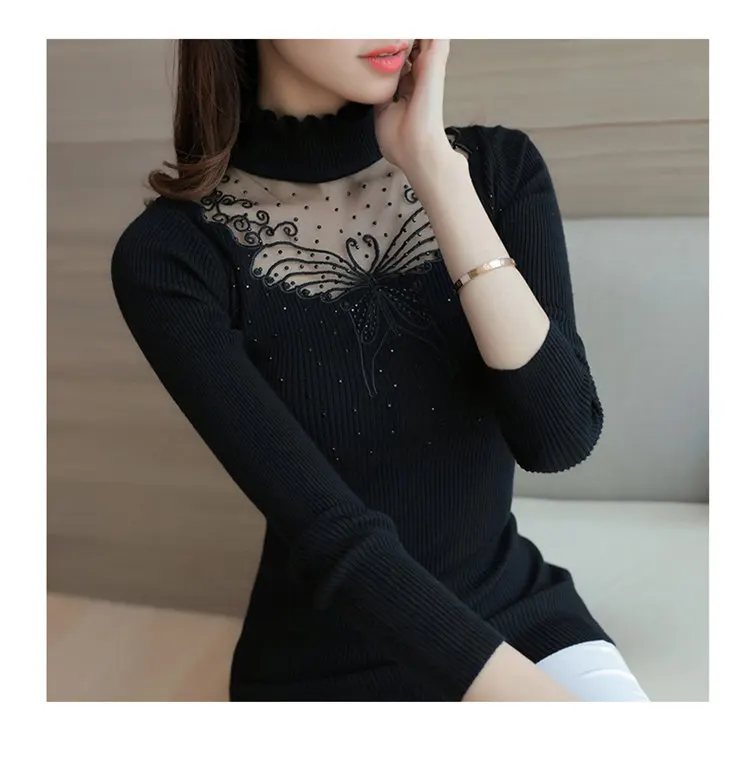 2019 New Ruffled Turtleneck Sweater Women Autumn Winter Pullovers Butterfly Lace Stitching Sweater Female Long Sleeve Pull Femme (6)