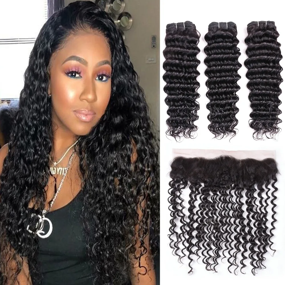 Malaysian Deep Wave Bundles With Frontal 100 Human Hair 2/3 Bundles