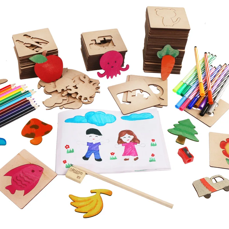 

50pcs Wooden drawing toys set school paint tools Drawing toy board Coloring Book Paint Learning Coloring for kids gifts