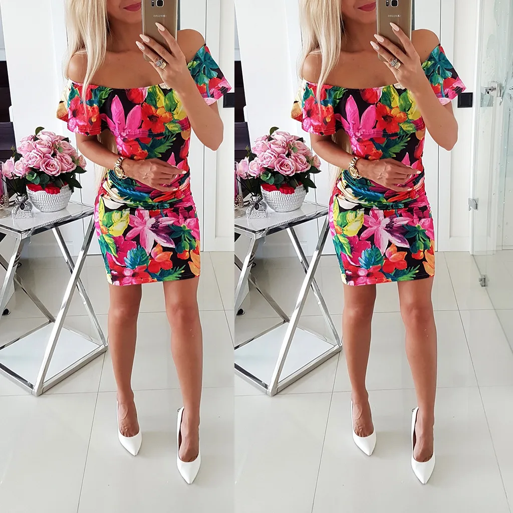 

2019 Fashion Women's Sexy Casual Fashion Summer Print Off Shoulder Strapless Tight Dress Slash neck Dress Sukienka 50