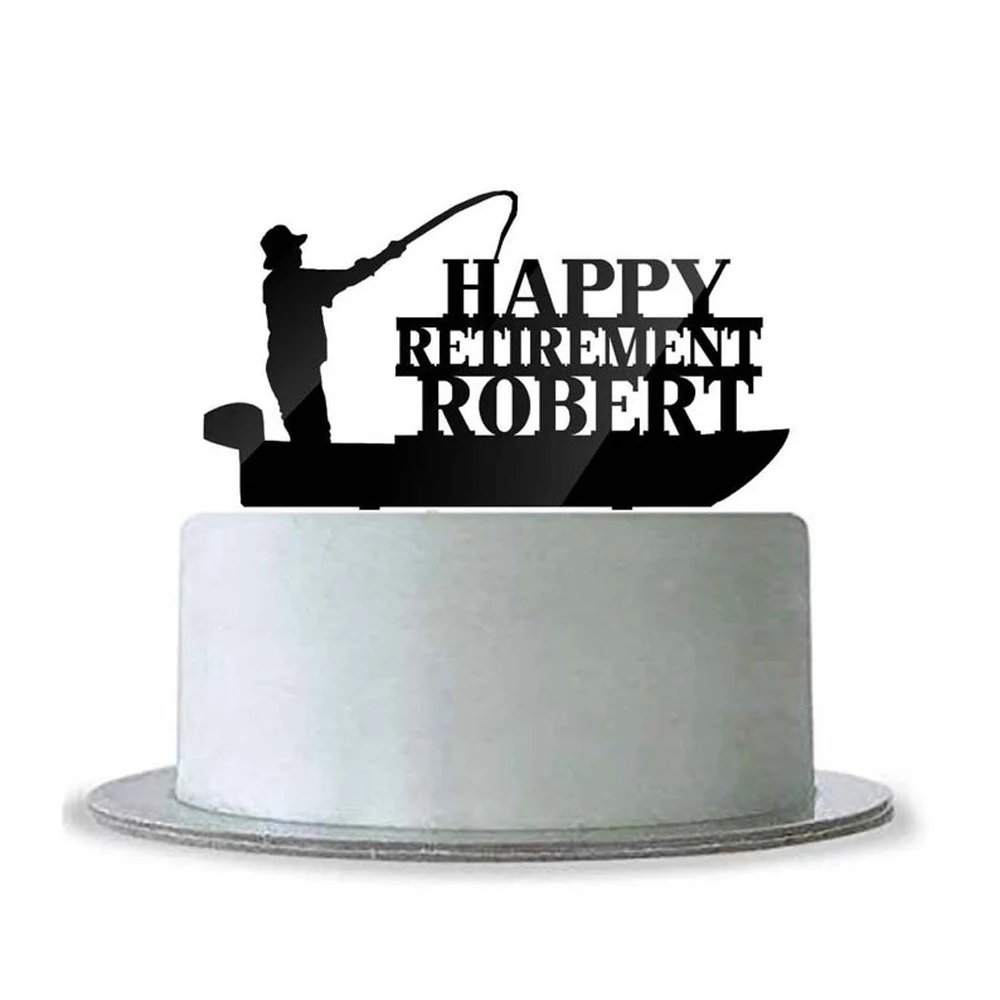 

Custom Personalized Happy Retirement with Name Cake Topper Fishing Boat Fisherman silhouette Party Decor Ideas for Dad