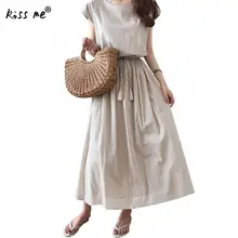 Solid Maxi Dress Summer Beach Long Dress For Women Casual Robe Vintage Short Sleeve Cotton Sundress With Belt Bandage Dress
