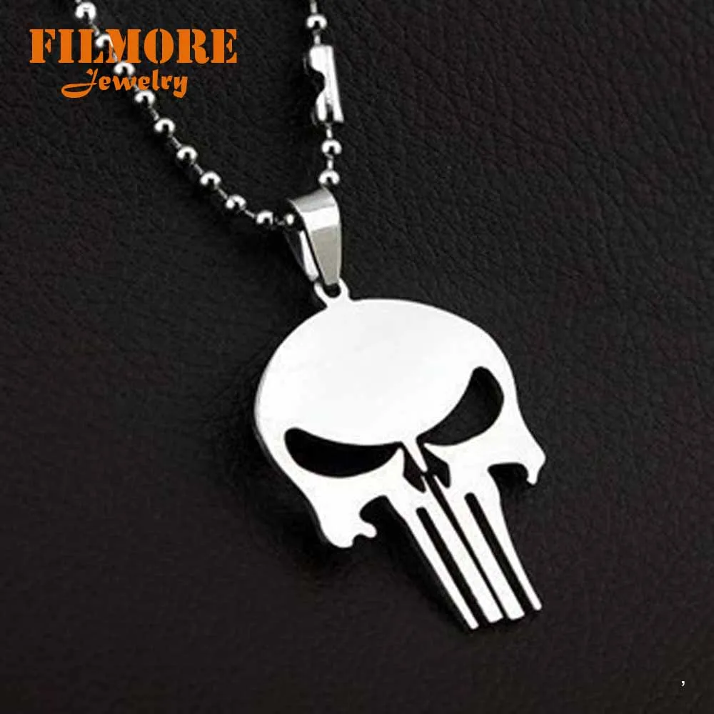 

Filmore New Men Jewelry Stainless Steel MARVEL SKULL The PUNISHER Batman Silver Leather Pendant Necklace for Men Women
