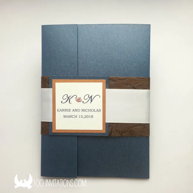 Navy Blue Pocketfold Wedding Invitations,Two Layers ,Texture Belt and