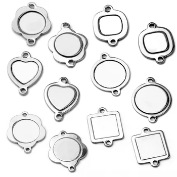 

Stainless Steel Connectors Charms Square Heart Circle Bezel Glass Cameo Cabochons Base Blanks DIY Findings NO Fade Wholesale