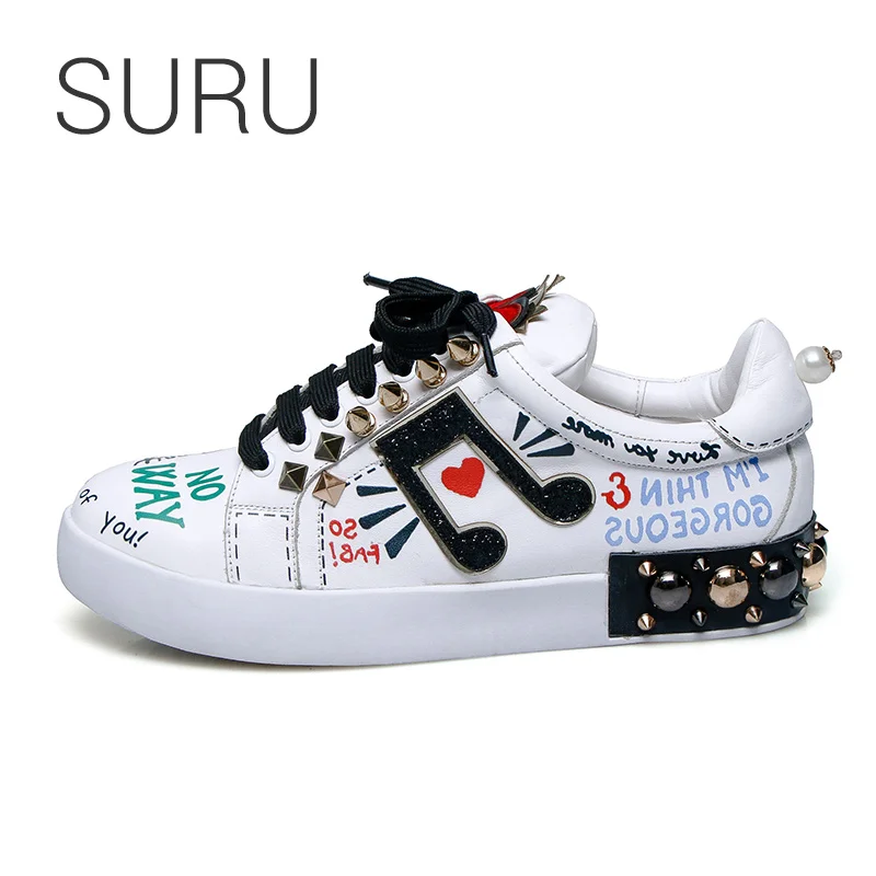 

SURU Women Printed White Rivets Details Lace Up flats schoolgirls Sneakers Shoes