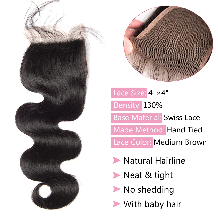 Closure Brazilian Hair Body Wave Lace Closure Human Hair 4x4 Top Swiss Lace Pre-Plucked With Baby hair Remy Natural Black ALIPOP