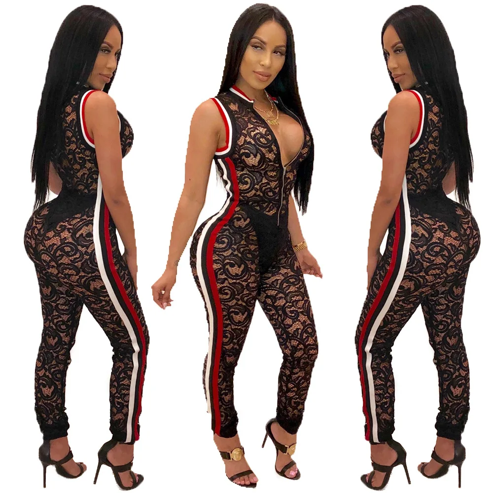 Perspective lace stripe stitching pants women's wear bodysuit women black jumpsuit fashion nova woman Casual Skinny Lace