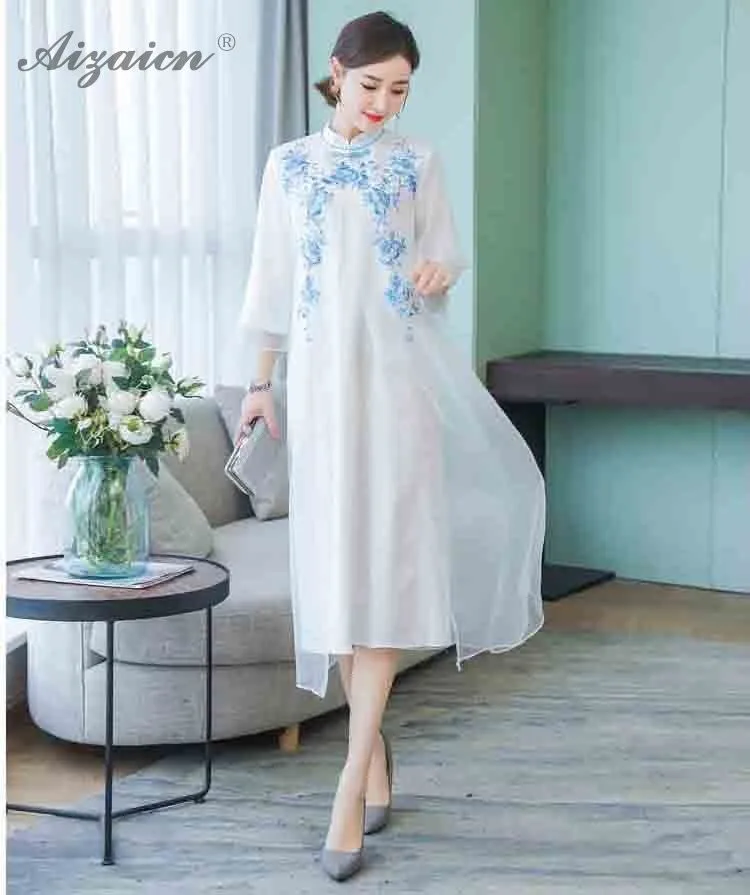 Весна лето современный Чонсам Белый Вышивка Qi Pao длинное женское традиционное китайское платье Qipao Повседневный Восточный стиль