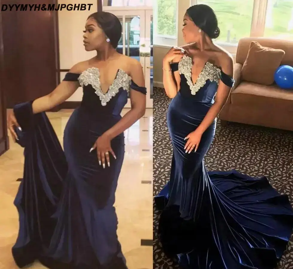 Stylish Off Shoulder Navy Blue Velvet Prom Dresses 2018 Sexy V Neck Crystal abendkleider Prom Gowns_