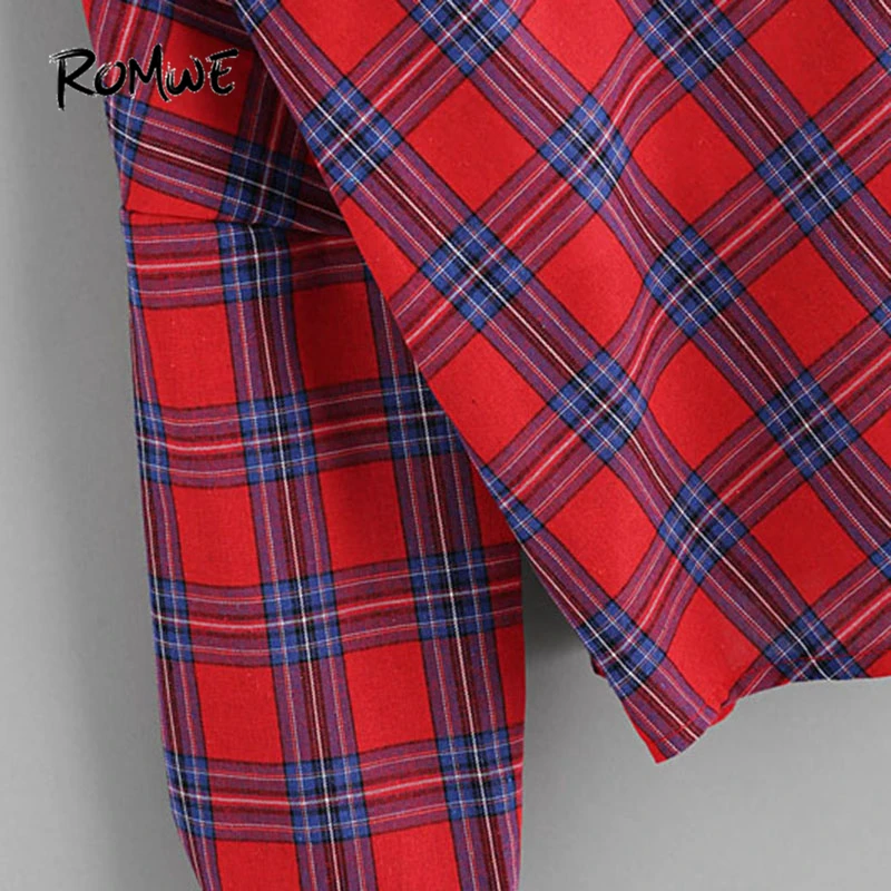  ROMWE Open Shoulder Check 2 In 1 Shirt Tunic Vogue Blouse Women Red Button Plaid Top Fall 2019 Long