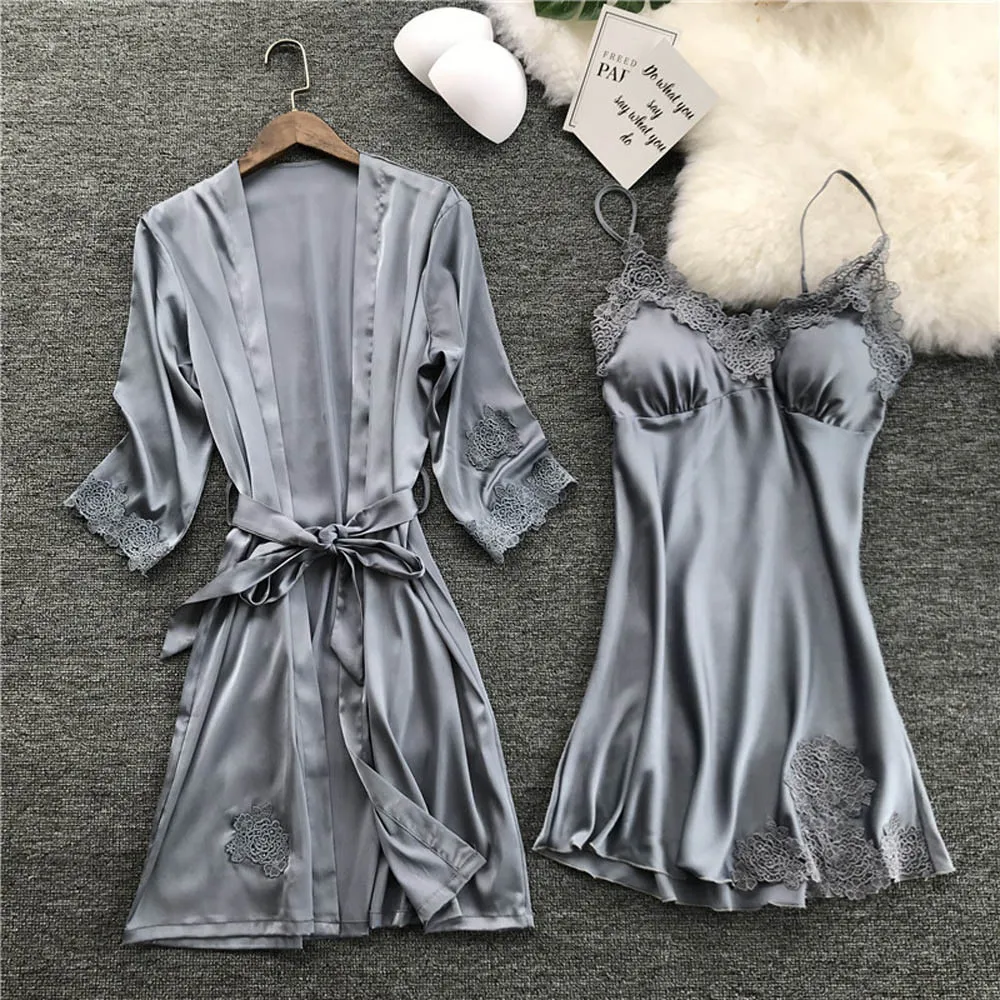 

2019 New Hot Sale Lingerie Women Silk Lace Robe Dress Babydoll Nightdress Sleepwear Kimono Set High Quality Gift