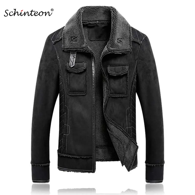 Schinteon M-5XL Мужская замшевая кожаная куртка с отложным воротником зимняя теплая