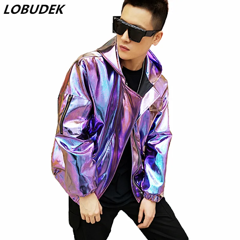 

Male Purple Silver Gold PU Leather Motorcycle Jacket Men's Clothing Tide Male Singer Rock HIP HOP Dance Troupe Loose Hoodie Coat