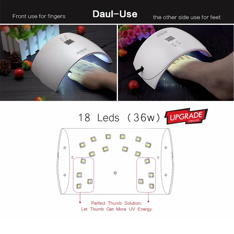  SUNUV SUN9x plus UV LED Nail Dryer 36W LED Lamp Nail Curing Gel Polish with LCD Timer Button Sensor