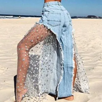 

High Waist Loose Sexy Mesh Denim Pants Women Fashion Denim Spliced Tulle Long Women Trousers Blue Beach Casual Women Pants W3