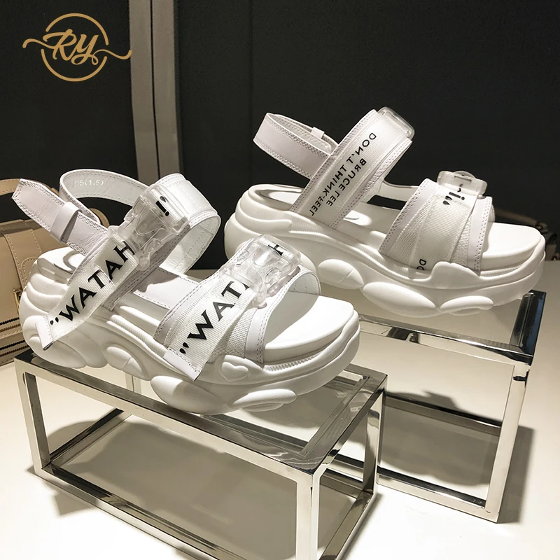 

RY-RELAAwoman sandals 2018 summer wedges shoes for women Genuine Leather Casual shoes fashion off white shoes high heels Pigskin
