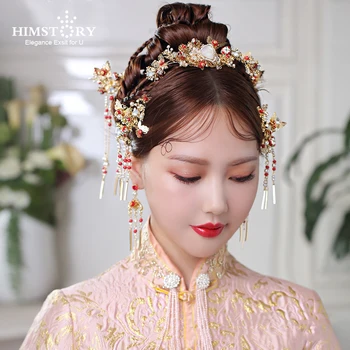 

HIMSTORY Chinese Handmade Bride Headdress Costume Coronet Tassel Wedding Hair Accessories Vintage Traditional Style Hairwear