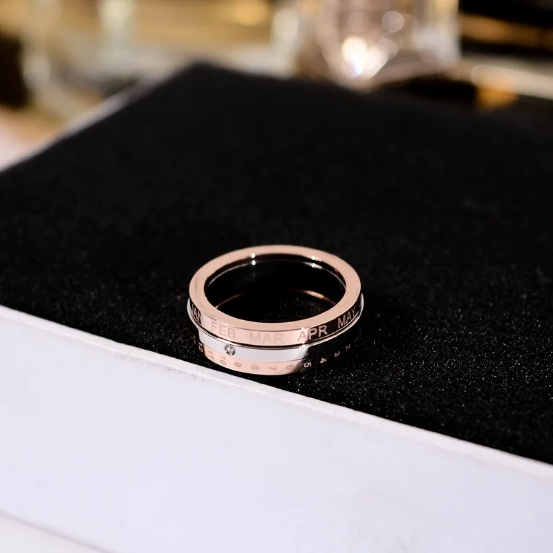 Новое модное вращающееся с широким диапазоном кольцо с кристаллами для женщин и мужчин, 316 нержавеющая сталь, розовое золото, серебро, кольцо на палец с датой месяца