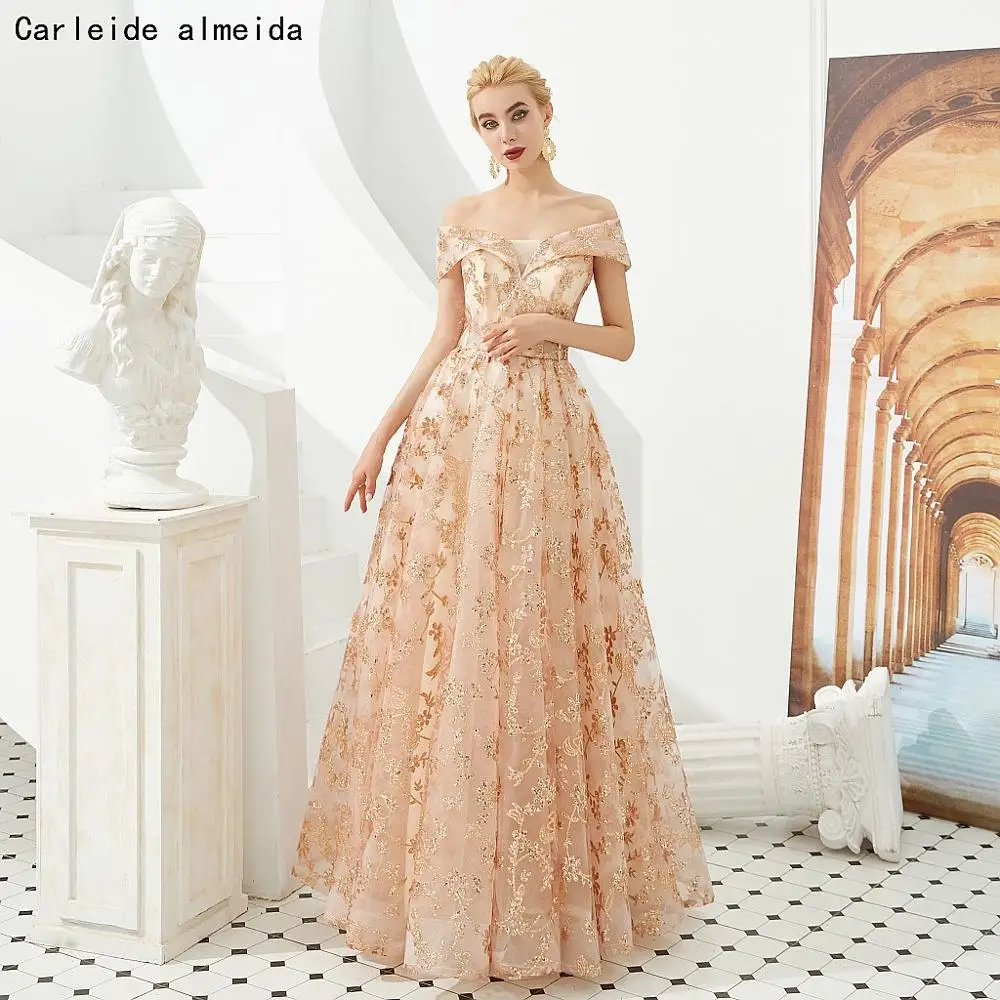 

Off-the-Shoulder A-Line Long Prom Dress Sequined Lace Bling Bling Prom Gown