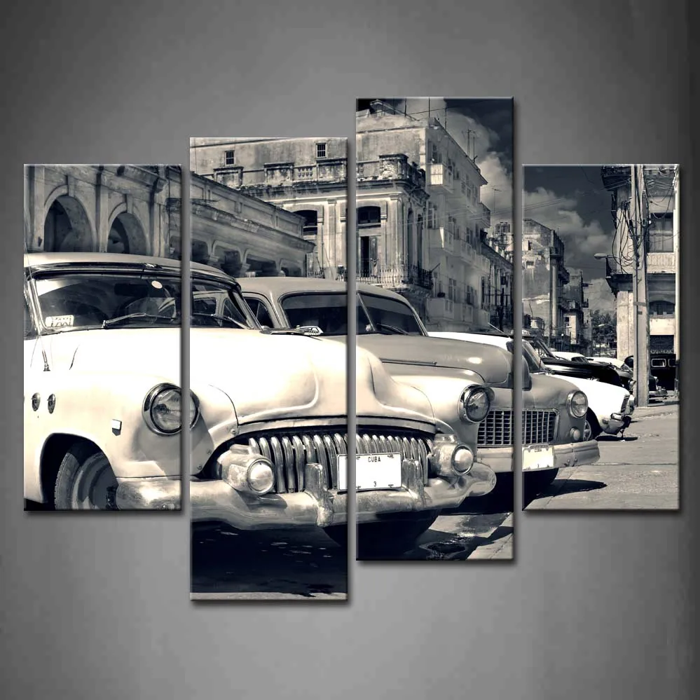 

Framed Wall Art Picture Old Street Cars Canvas Print Artwork Car Modern Posters With Wooden Frames For Room Office Decor