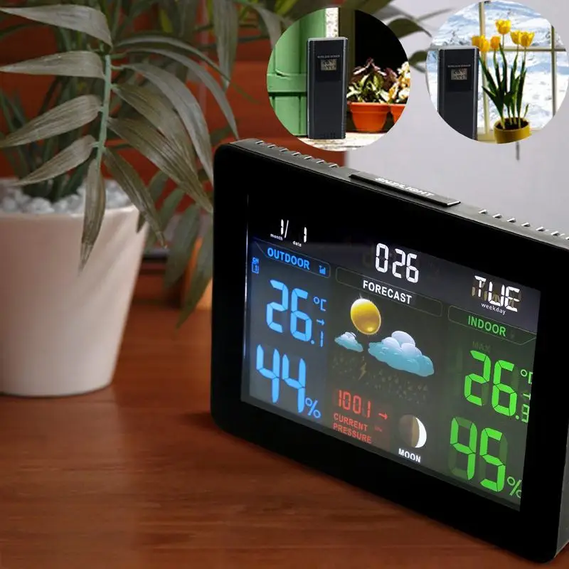 TS-71 Indoor Outdoor Temperature Monitor Digital Weather Station DCF77 RCC Thermometer RH% Barometric Pressure with 2 Wireless Sensor