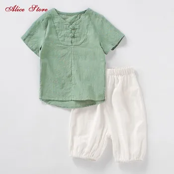 

Children's cotton and linen clothing sets summer 2018 boys short-sleeved tops + pants 2 pcs suits kids Hanfu national clothes