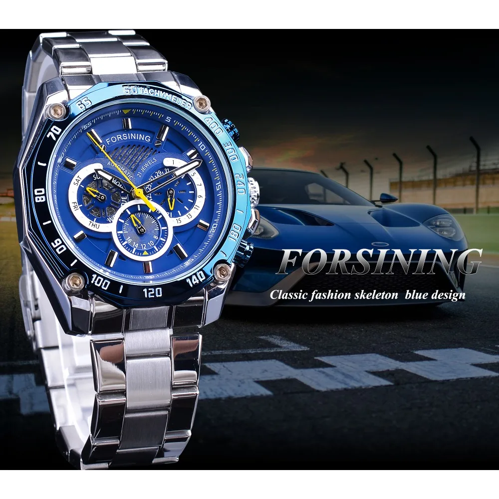 Forsining 2019 جديد الأزرق تصميم كاملة التقويم 3 صغيرة الهاتفي الفضة الفولاذ المقاوم للصدأ التلقائي ساعات آلية للرجال ساعة