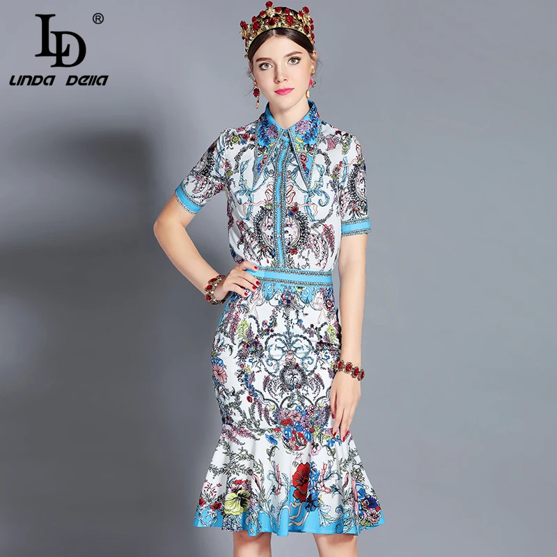 

LD LINDA DELLA Fashion Runway Skirt Two Piece Set Women's Blouses Top+ Vintage Floral Print Sexy Mermaid Party Skirt Sets Suit