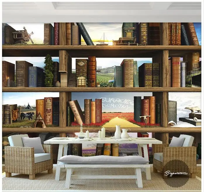 

3d wallpaper 3d murals wallpaper for walls 3 d bookcase mural Wooden shelves books books study background wall painting decor