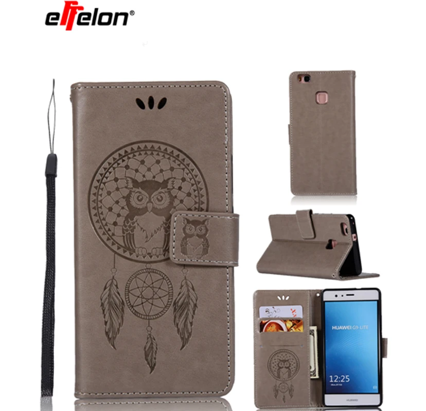 

New Case For Huawei P9 Lite PU Leather Case 5.2inch Stand Function Card Holder Embossed Owl Magnetic Flip Wallet Purse Case