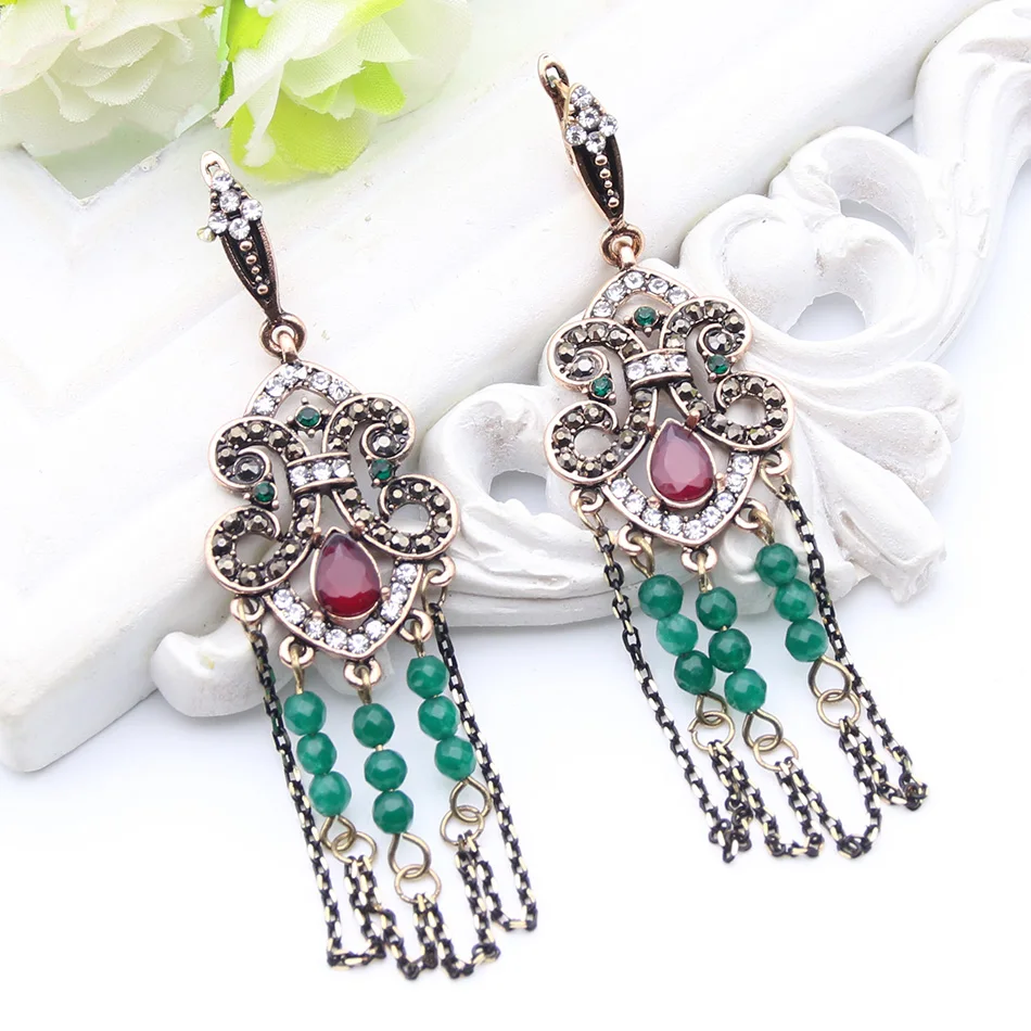 Handmade Beaded Tassels Turkish Long Hook Earrings Ladies Gold Plating