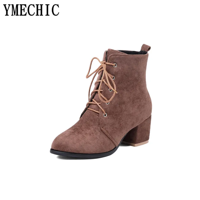 YMECHIC/2018 женские ботинки ботильоны на шнуровке высоком блочном каблуке зимняя