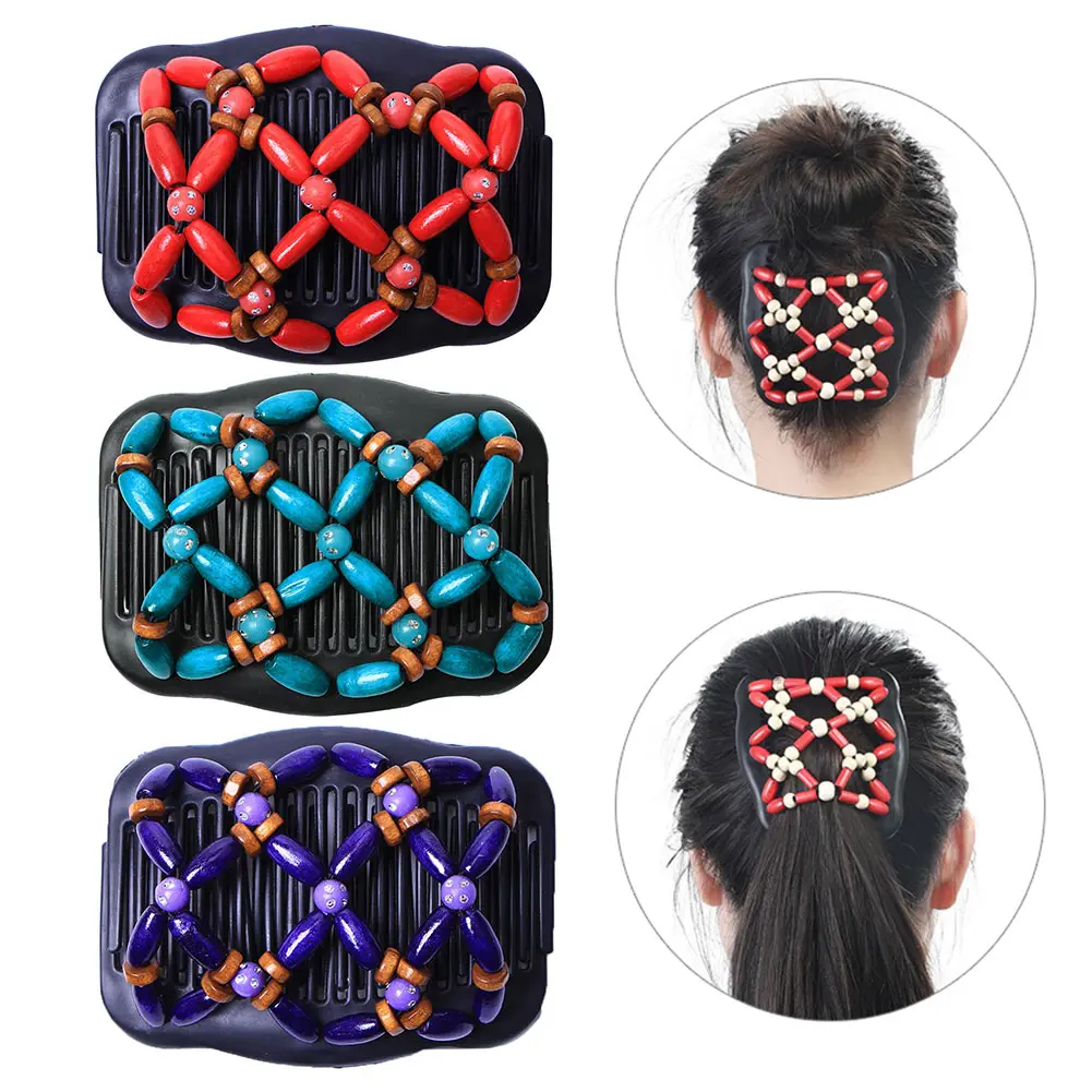Double Beaded Hair Magic Comb Clip Beads Elastic Hairpin Stretchy Hair