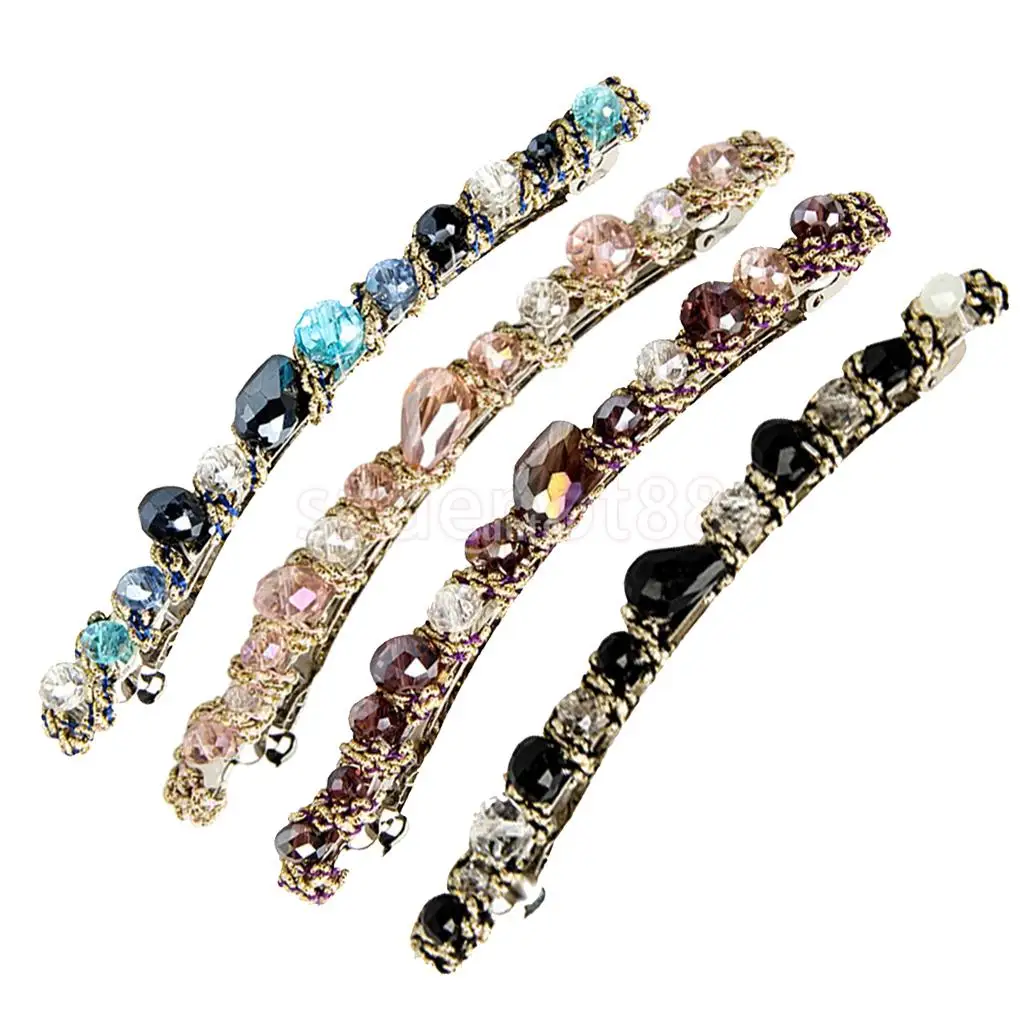 4Pcs Women Fine Long Barrette Hair Clips with Assorted Shaped Mini Crystal Decor Hairpins Charm