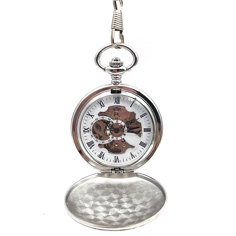CAIFU бренд гладкий серебряный тон корпус Римский номер белый с циферблатом, витым узором, карманные мужские механические карманные часы с цепочкой полностью охотничьи часы