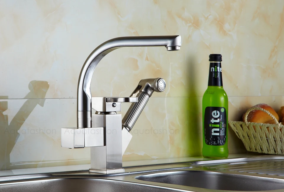 Contemparory Pull Out Kitchen Mixer Faucet Brushed Nickel Double Spout Mixer Tap Brass Kitchen Faucets Deck Mounted (7)