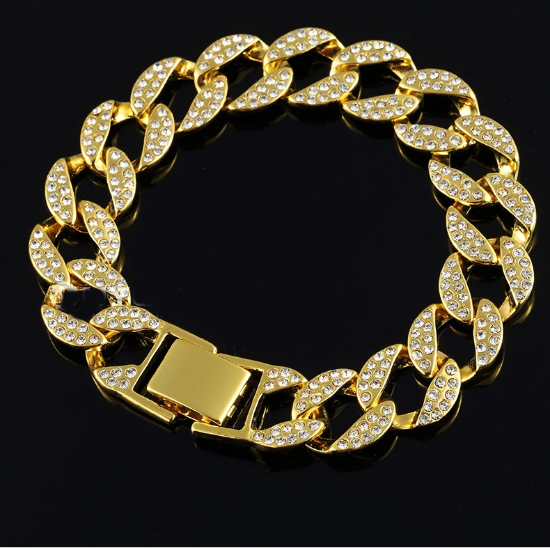Хип-хоп обуздать кубинский браслет для Для мужчин золото 15 мм циркон ссылка браслет изделия толстый тяжелый сплав Материал Iced Out CZ